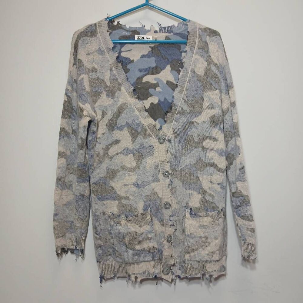 27 miles womens small 100% cashmere cardigan sweater blue gray camou